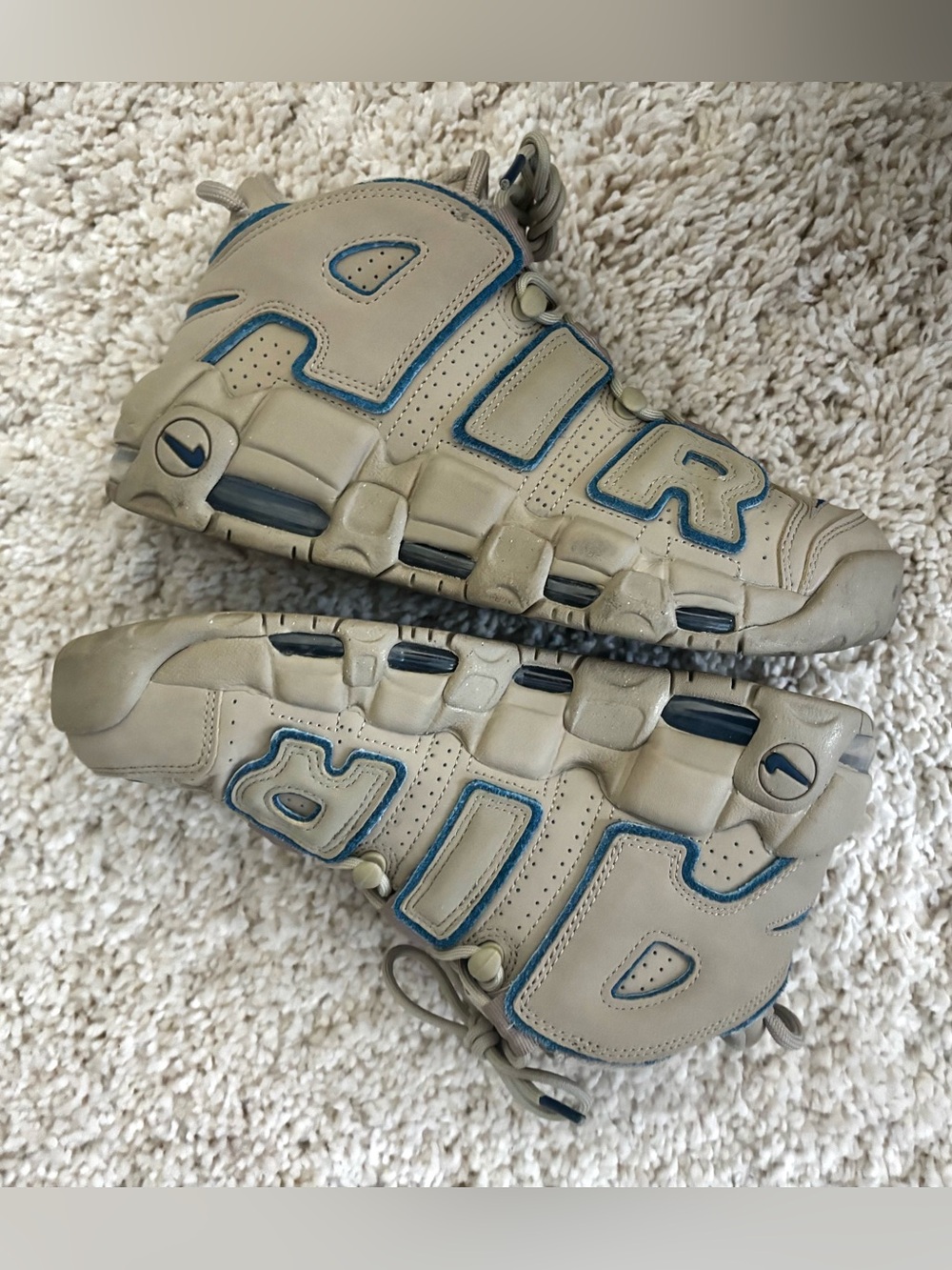 Nike Beige Tan Uptempos with Blue accents
